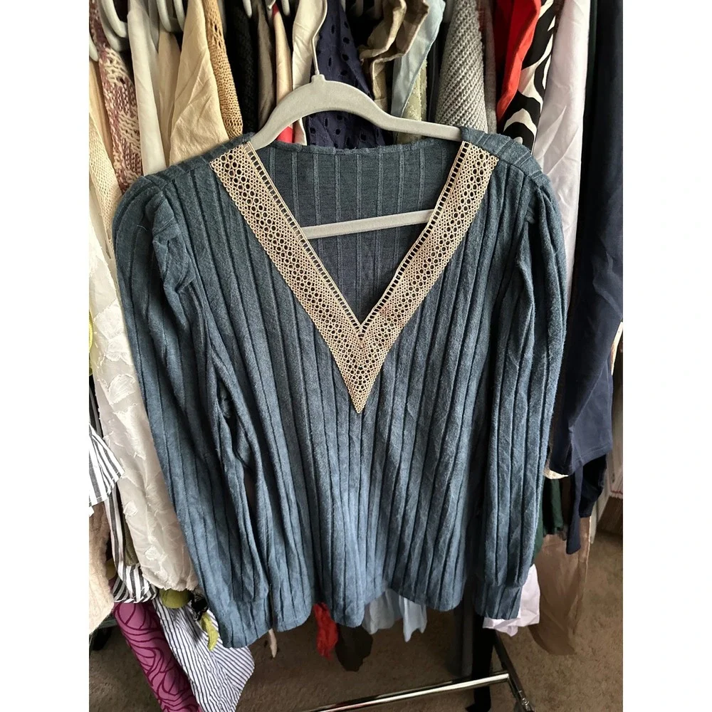 Cupshe Blue Ribbed Knit‎ Puff Sleeve Crochet V-Neck Top Size L NEW